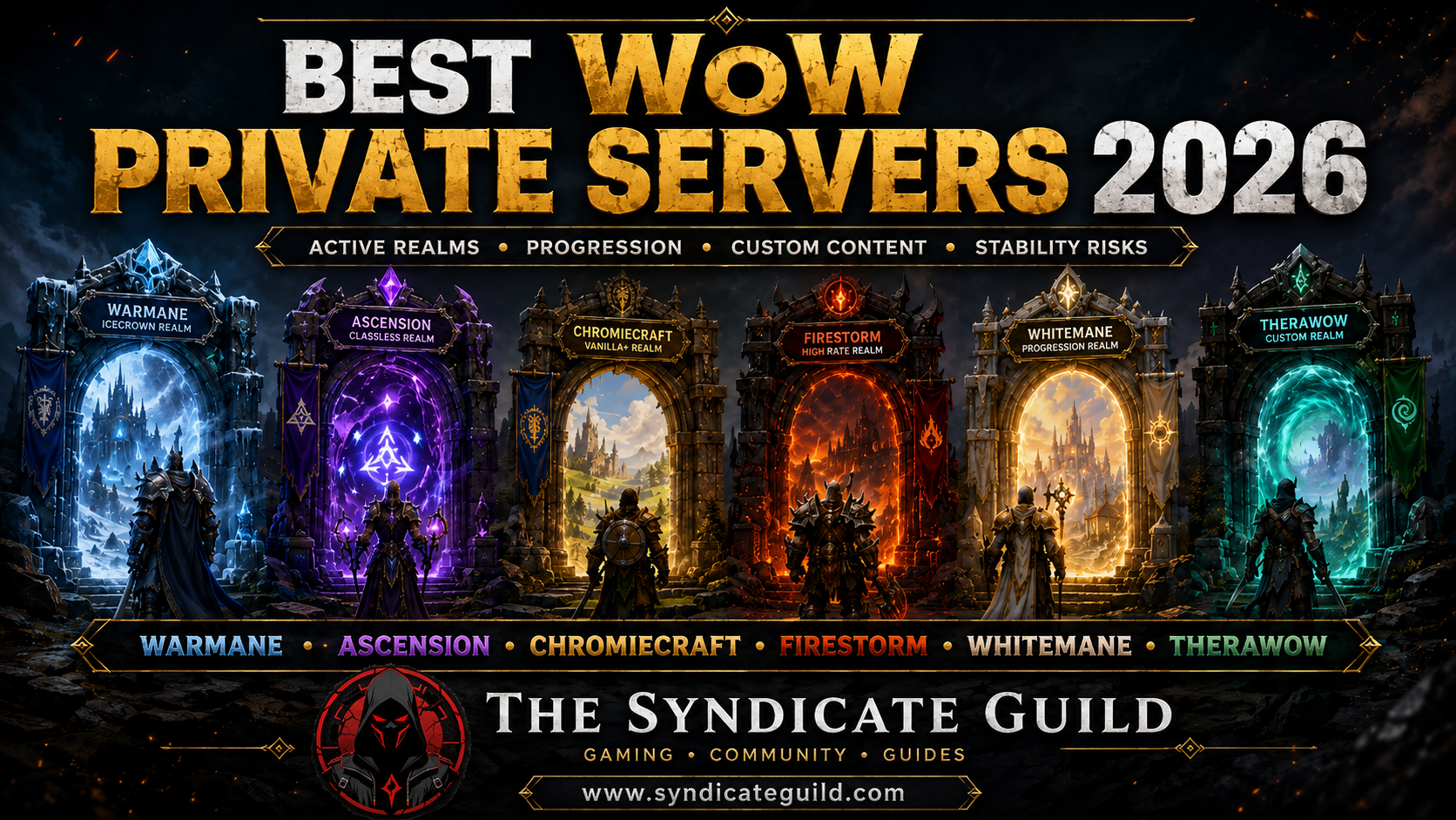 Fantasy adventurers choosing between seven World of Warcraft-style private server portals in 2026