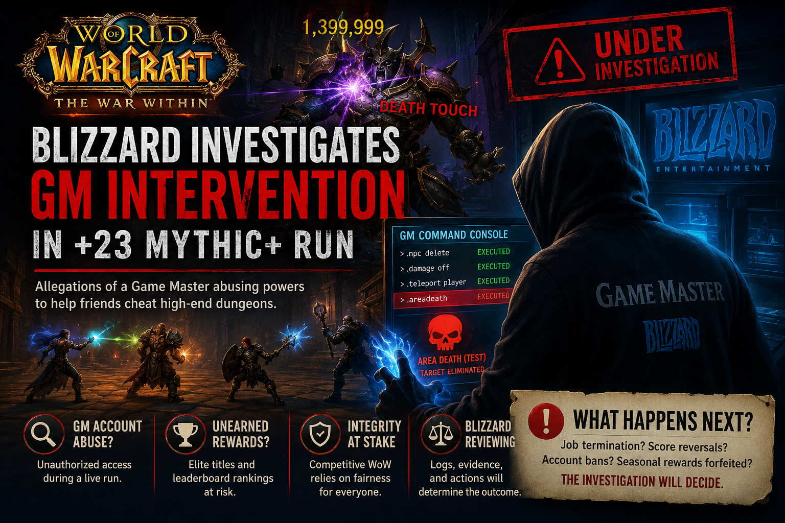 Illustration representing Blizzard's investigation into alleged GM intervention during a World of Warcraft Mythic Plus dungeon run