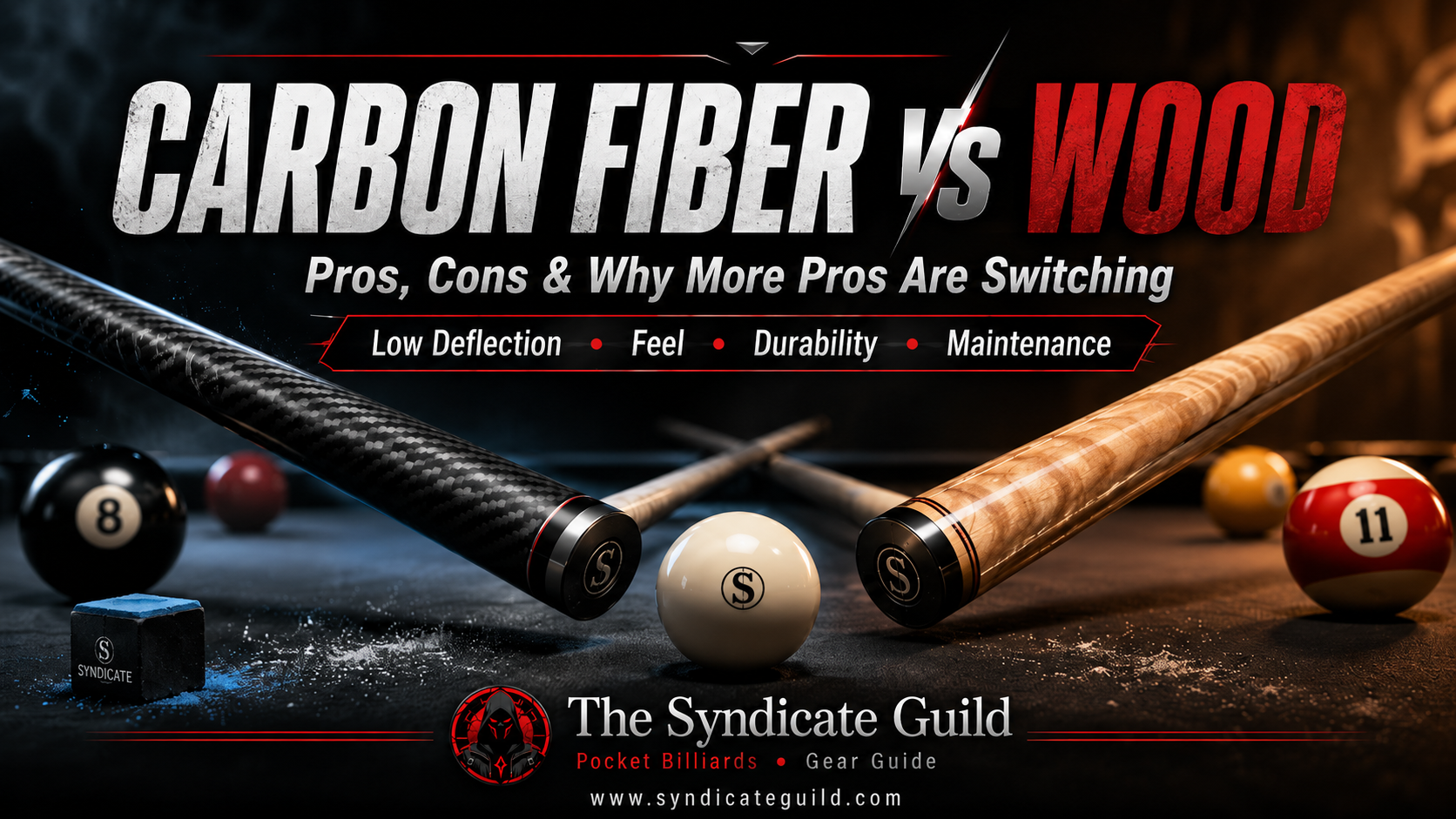 Black carbon fiber pool cue shaft beside a traditional maple shaft above a billiards table
