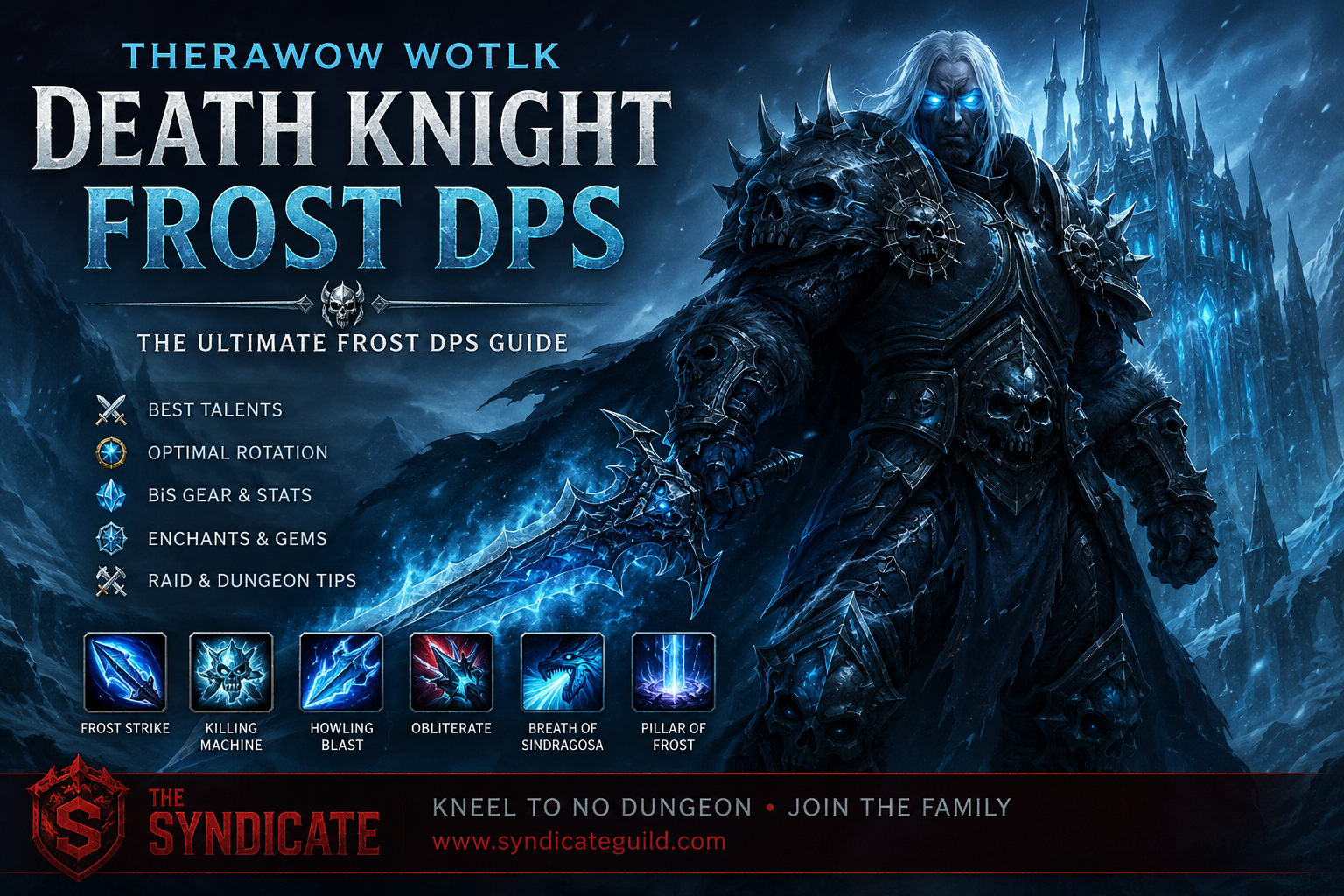 Frost Death Knight DPS guide artwork for TheraWoW WotLK showing an armored Death Knight with an icy runeblade.
