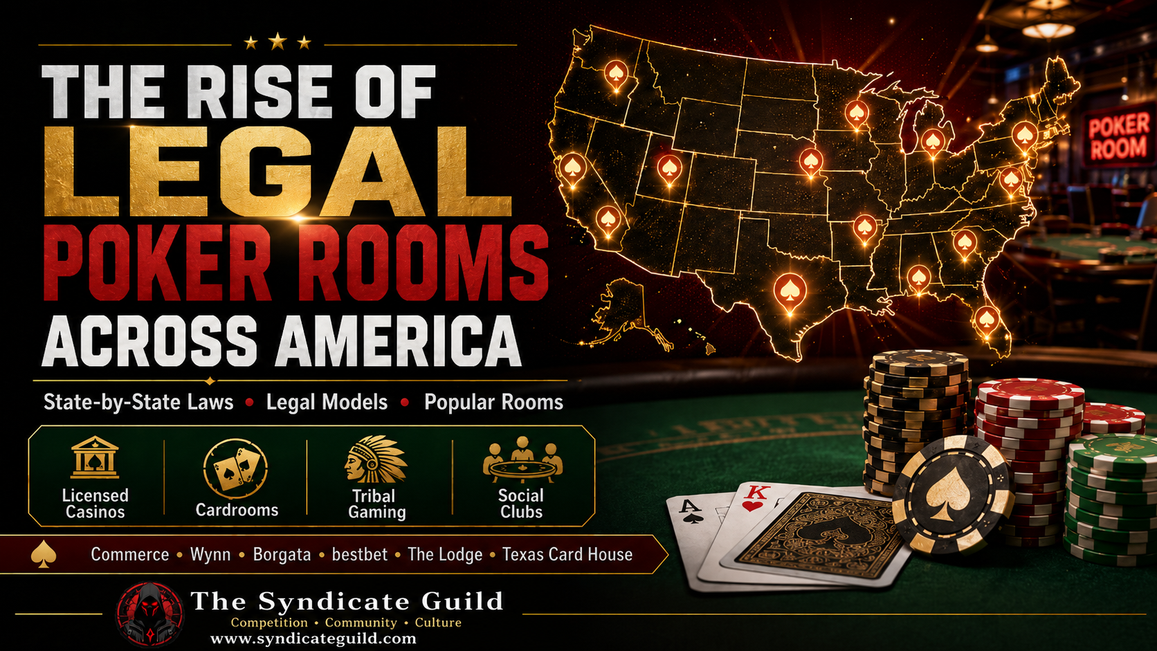 Map of the United States with poker tables marking licensed casinos, cardrooms, charitable gaming, and social poker states