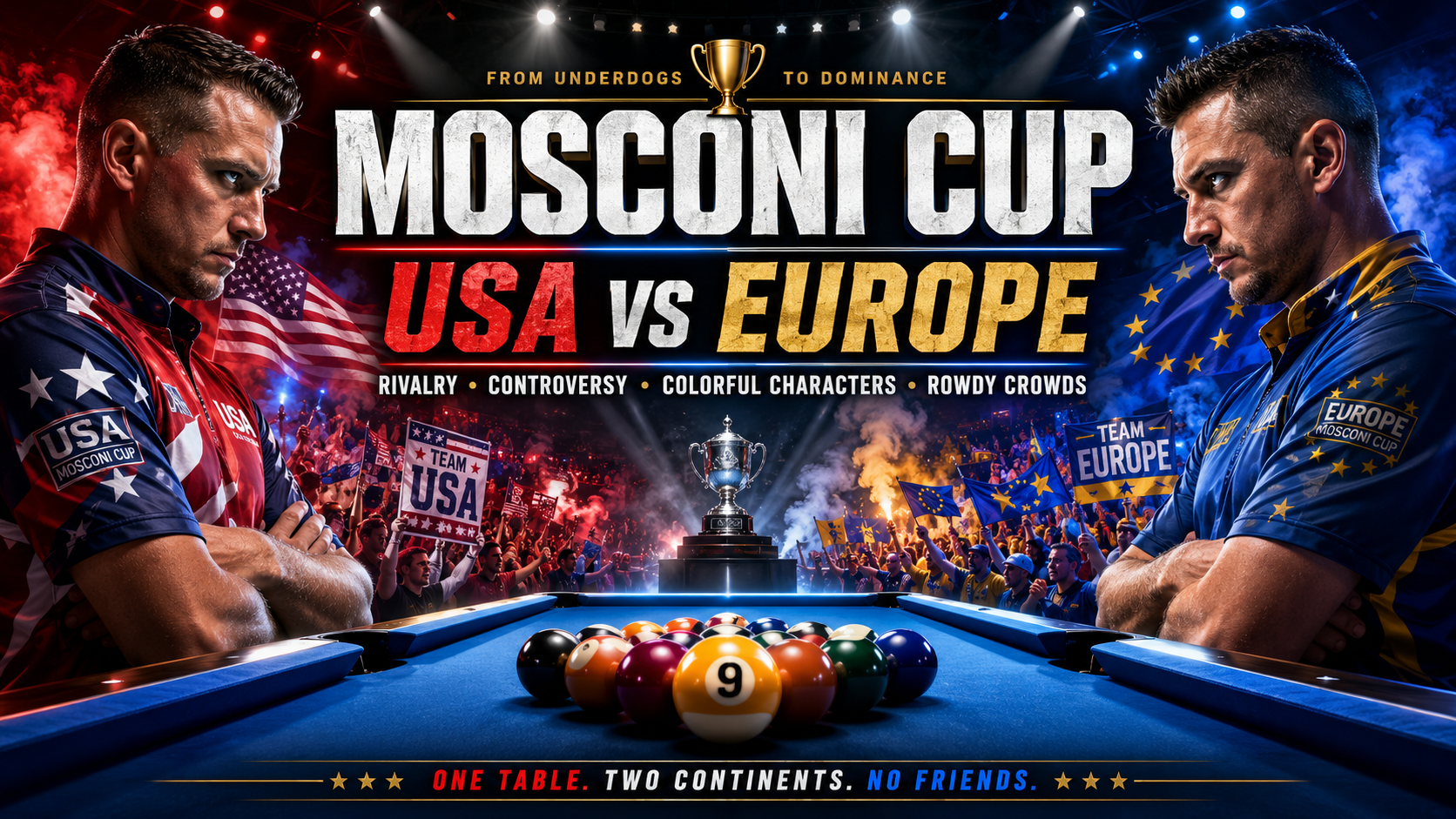 Team USA and Team Europe players facing off across a 9-ball table during the Mosconi Cup rivalry