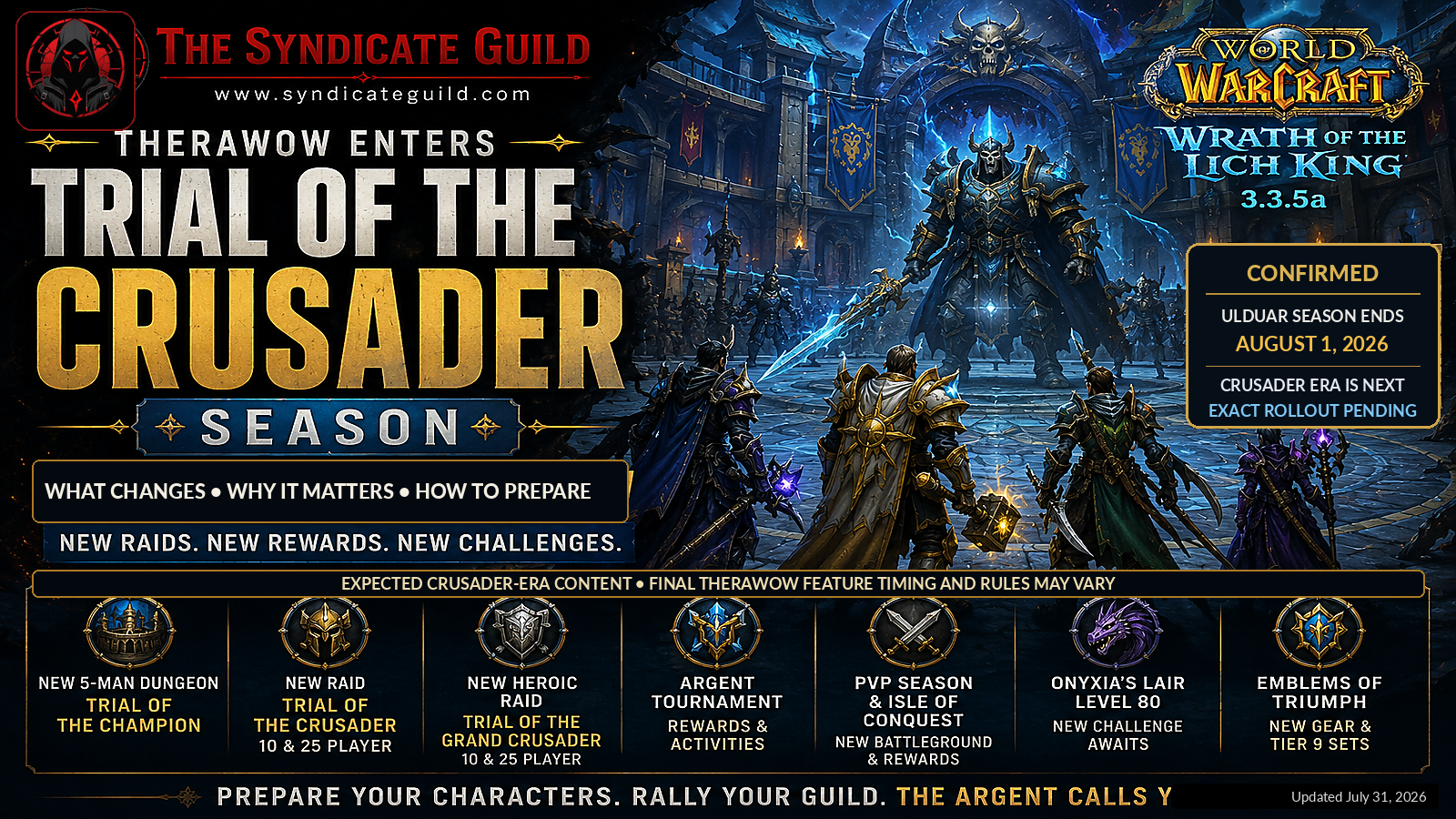 TheraWoW Trial of the Crusader Season banner showing a raid team entering the Argent Coliseum