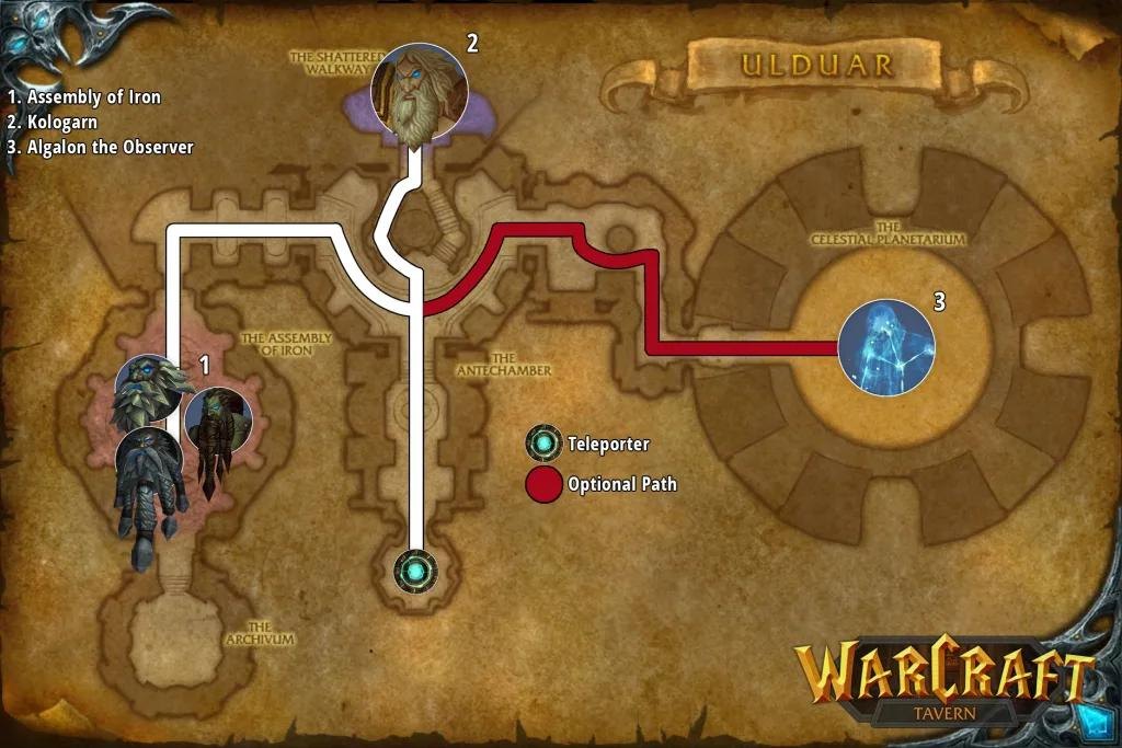 Ulduar raid route map showing tank path to Assembly of Iron, Kologarn, and Algalon
