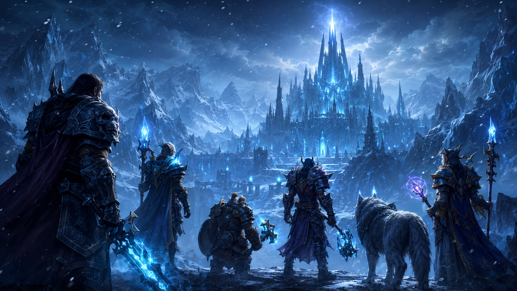 Armored adventurers face a glowing icy fortress in a snowy fantasy landscape, capturing the raid atmosphere of WOTLK.