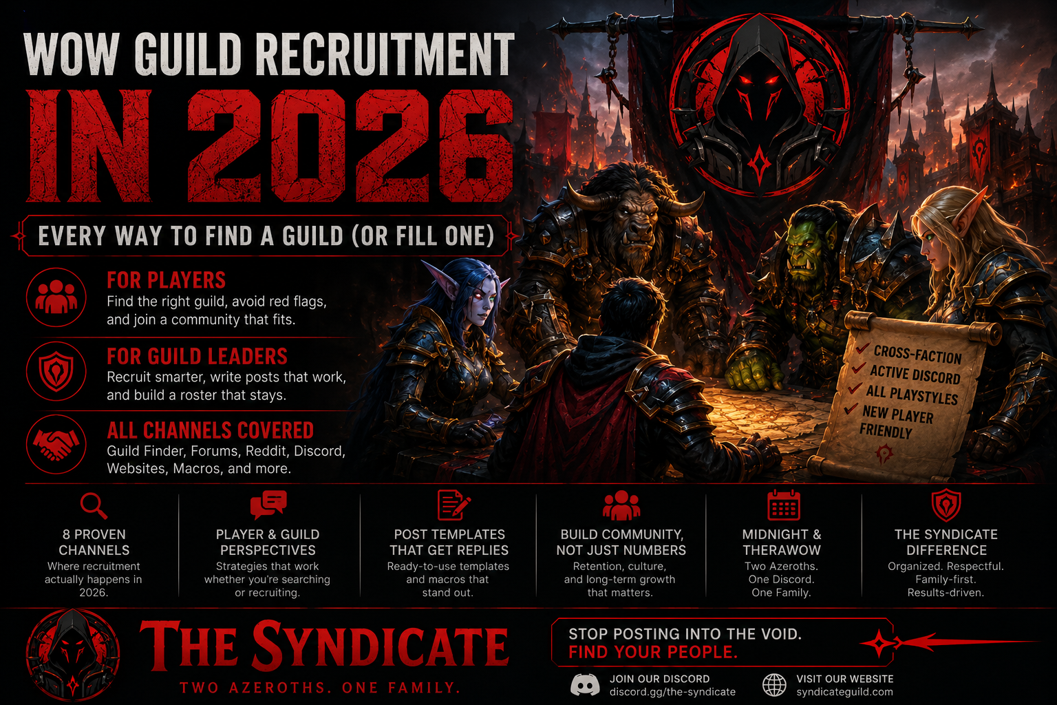 WoW guild recruitment in 2026 with players and guild leaders meeting in a fantasy guild hall