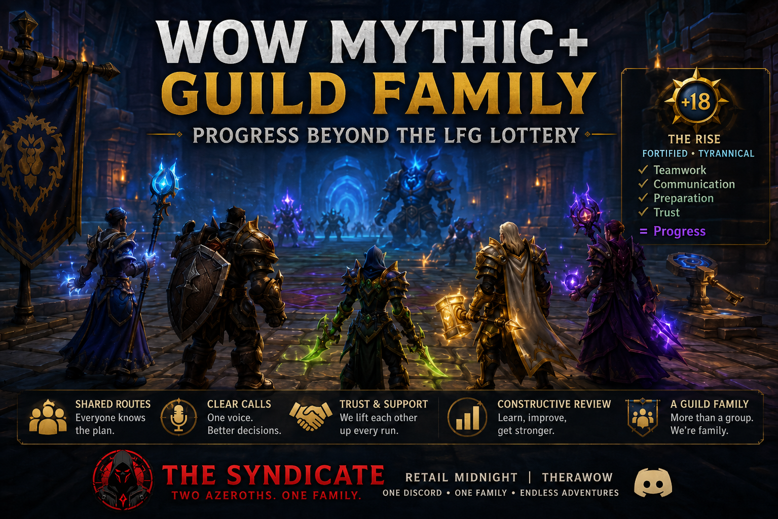 Five World of Warcraft adventurers coordinating a Mythic+ dungeon run as a guild team