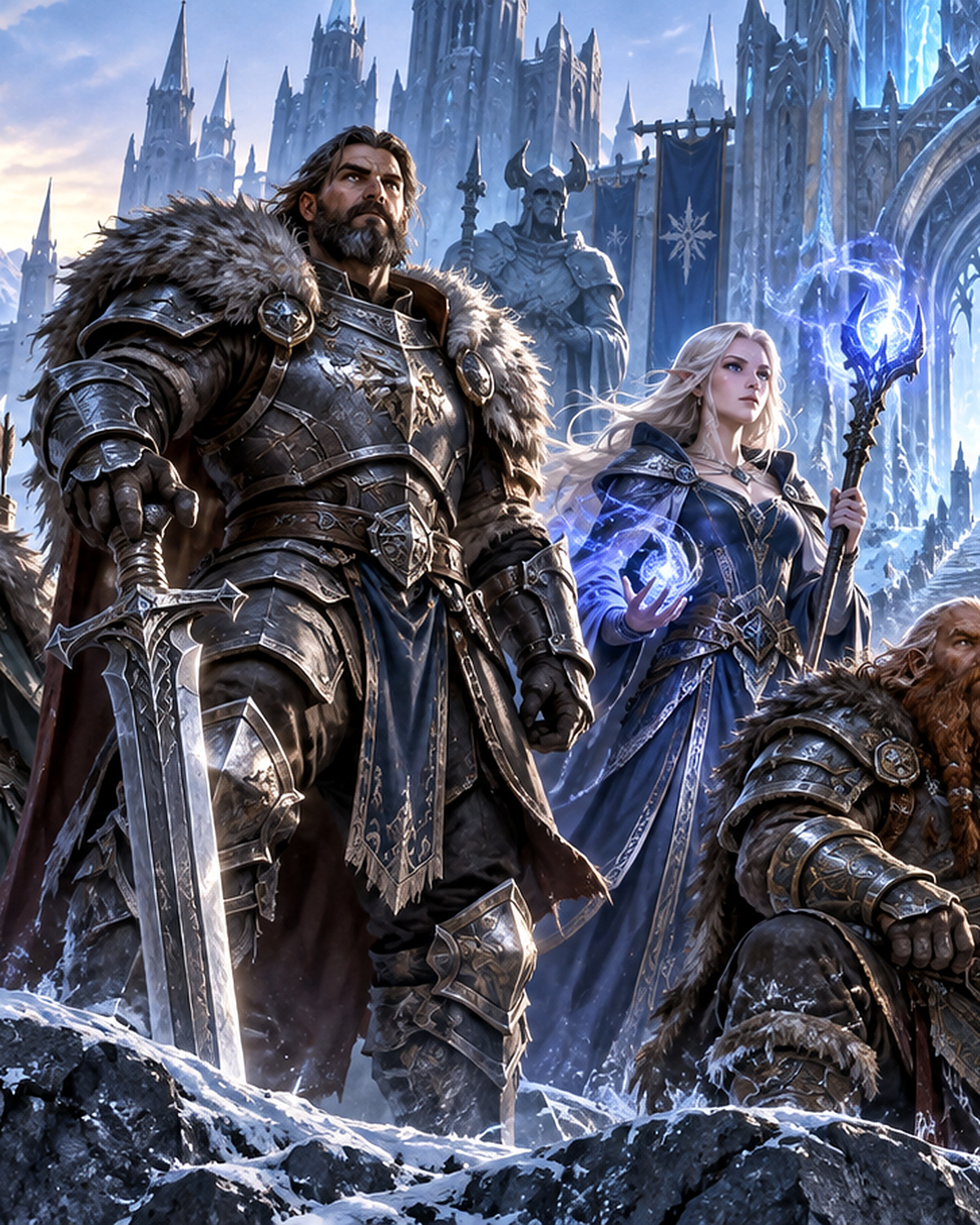 A fantasy guild party gathered outside a grand icy citadel.