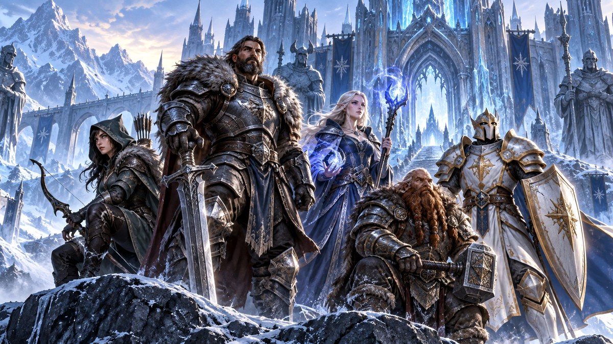 A fantasy guild party outside an icy citadel representing World of Warcraft: Forever.