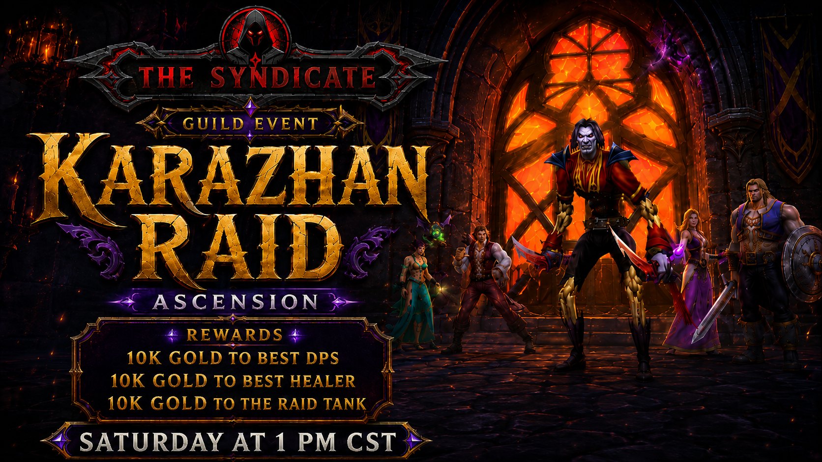 The Syndicate Karazhan Raid guild event banner with reward details