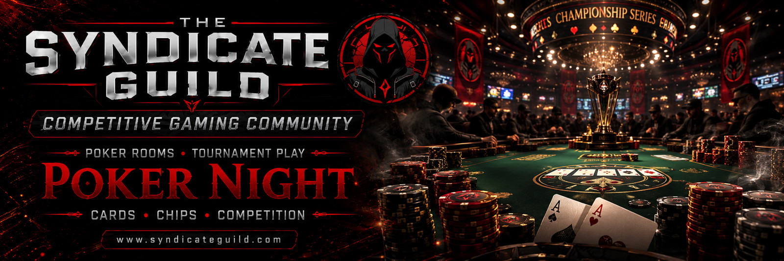 The Syndicate Poker Night banner featuring poker rooms, tournament play, cards, chips, and competition.