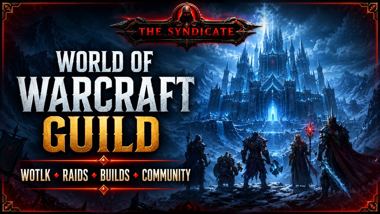 The Syndicate World of Warcraft Guild video preview showing an icy WotLK fortress and guild raid party